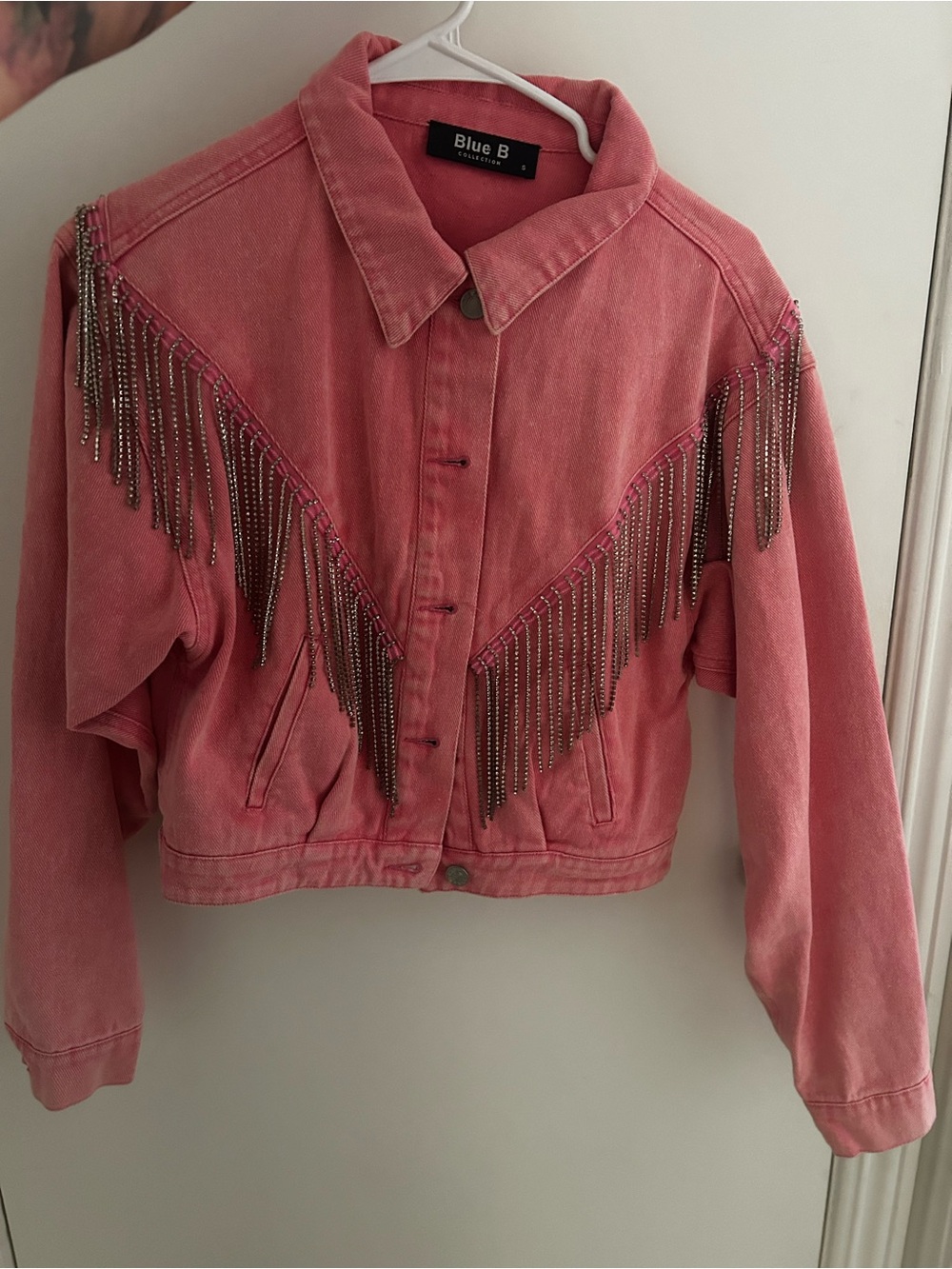 Pink Cropped Denim Jacket with Chain Fringe